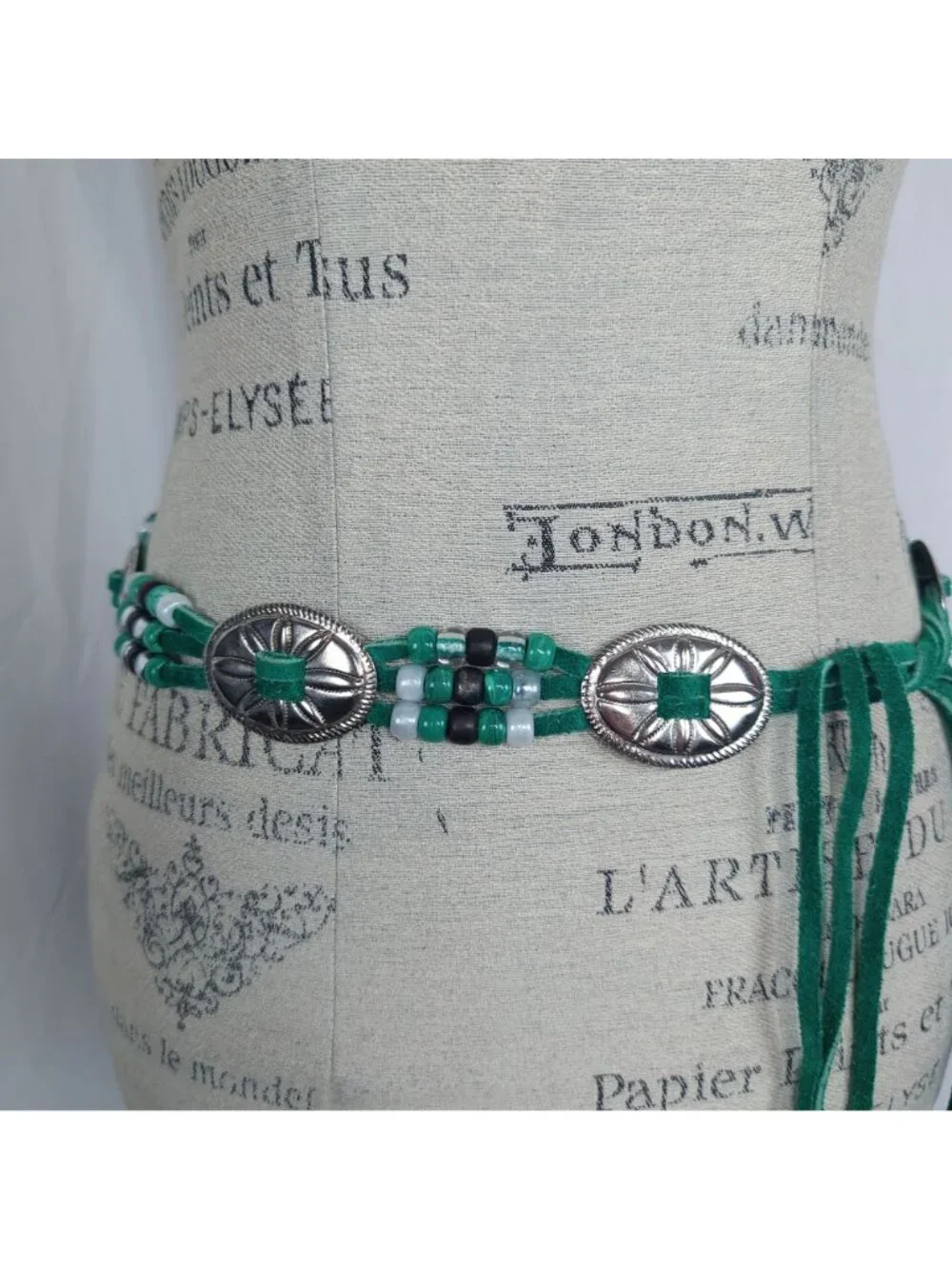 Vintage 80s Green Conch Belt Small Medium Beaded Leather Native